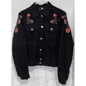 Black Rose Embroidered Denim Jacket - NWT